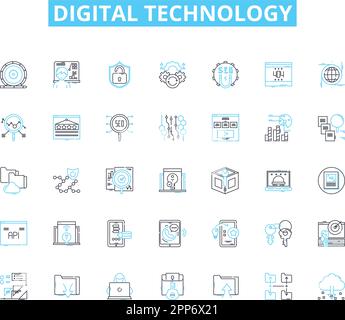 Digital technology linear icons set. Internet, Social Media, Cloud, Big Data, Analytics, Automation, Robotics line vector and concept signs Stock Vector