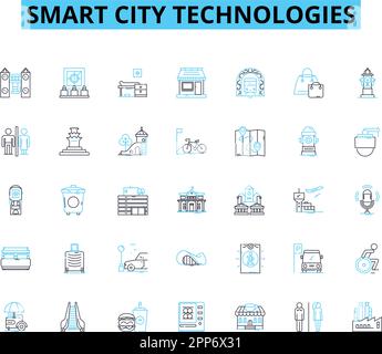 Smart city technologies linear icons set. IoT, Sustainability, Automation, Innovation, Digitalization, Connectivity, Mobility line vector and concept Stock Vector