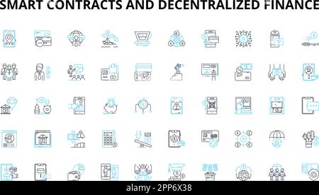 Smart contracts and decentralized finance linear icons set. Ethereum, Blockchain, Tokenization, Interoperability, Decentralization, Governance Stock Vector