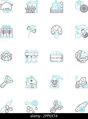 Field linear icons set. Agriculture, Cultivation, Harvest, Crops, Irrigation, Fertilization, Plowing line vector and concept signs. Tilling,Seedlings Stock Vector