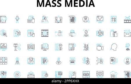 Mass media linear icons set. News, Journalism, Advertising, Radio, Television, Internet, Press vector symbols and line concept signs. Magazine Stock Vector