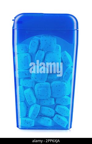 Container with tablets for washing in the dishwasher, isolated on a white background. File contains clipping path Stock Photo