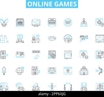 Online games linear icons set. Gaming, Multiplayer, Virtual, Adventure, Action, Strategy, Simulation line vector and concept signs. Role-playing Stock Vector