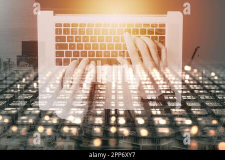 Data scientists. Man programmer using laptop analyzing and development at various information on futuristic virtual interface screen. Algorithm. marke Stock Photo