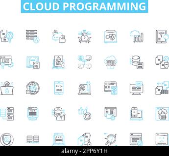 Cloud programming linear icons set. Virtualization, Elasticity, DevOps, Deployment, Microservices, Hybrid, Resiliency line vector and concept signs Stock Vector