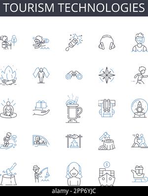 Tourism technologies line icons collection. Artificial intelligence, Social media, Virtual reality, Mobile applications, E-commerce, Online marketing Stock Vector