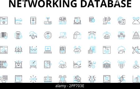 Networking database linear icons set. Connect, Collaboration, Relationships, Communication, Contacts, Sharing, Data vector symbols and line concept Stock Vector