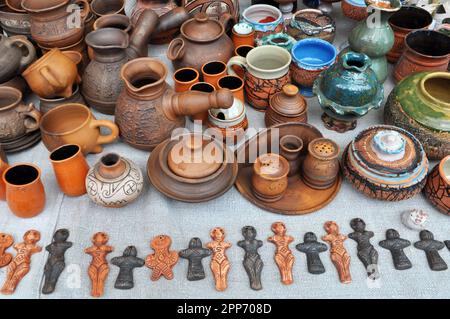 A variety of pottery made by folk craftsmen from clay. Stock Photo
