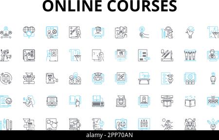 Online courses linear icons set. E-learning, Virtual, Distance, Web-based, Remote, Digital, Cyber vector symbols and line concept signs. Internet Stock Vector