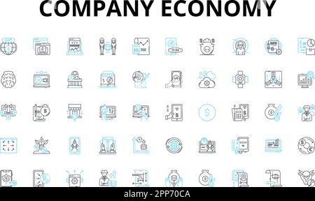 Company economy linear icons set. Profitability, Growth, Expansion, Market share, Efficiency, Operations, Revenue vector symbols and line concept Stock Vector