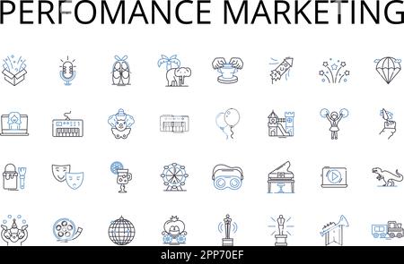 Perfomance marketing line icons collection. Digital advertising, Content marketing, Brand management, SEO optimization, Affiliate marketing, Email Stock Vector