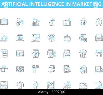 Artificial intelligence in marketing linear icons set. Automation, Optimization, Personalization, Segmentation, Targeting, Predictive, Analytics line Stock Vector