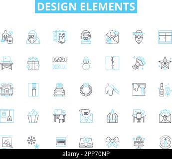 Design elements linear icons set. Color, Typography, Layout, Shape, Texture, Composition, Contrast line vector and concept signs. Balance,Unity Stock Vector