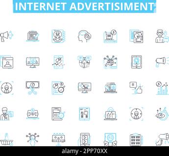 Internet advertisiment linear icons set. Banner, Click, Conversion, Cost, CPM, CPC, CPA line vector and concept signs. Campaign,Clickbait,Content Stock Vector