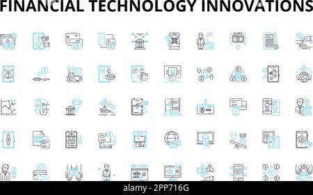 Financial technology innovations linear icons set. Cryptocurrency, Blockchain, Digital wallets, Peer-to-peer lending, Robo-advisors, Artificial Stock Vector