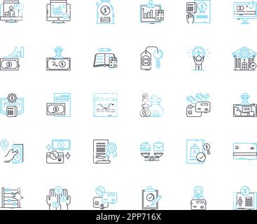 Accounting services linear icons set. Bookkeeping, Taxation, Payroll, Auditing, Financial statements, Invoicing, Budgeting line vector and concept Stock Vector