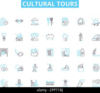 Cultural tours linear icons set. Heritage, Tradition, Folklore, Festivals, Customs, History, Art line vector and concept signs. Music,Dance,Food Stock Vector