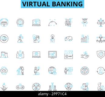 Virtual banking linear icons set. Digital, Online, Mobile, Virtual, Web-based, Automated, Fintech line vector and concept signs. Cryptocurrency Stock Vector