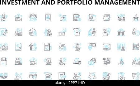 Investment and portfolio management linear icons set. Diversification, Yield, Asset allocation, Risk tolerance, Return, Capital preservation Stock Vector
