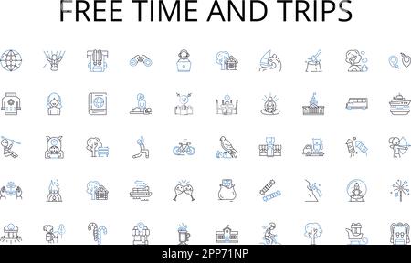 Free time and trips line icons collection. Advancement, Evolution, Breakthrough, Revolution, Creativity, Ingenuity, Paradigm vector and linear Stock Vector