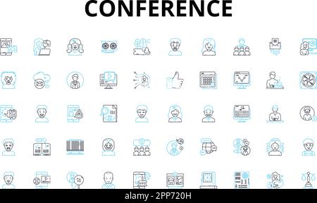 Conference linear icons set. Nerking, Presentations, Workshops, Keynote, Panels, Sessions, Industry vector symbols and line concept signs. Experts Stock Vector