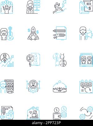 Labor relations linear icons set. Unionization, Collective bargaining, Strikes, Arbitration, Negotiation, Lockout, Picketing line vector and concept Stock Vector