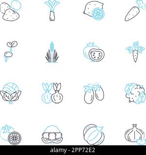 Harvest linear icons set. Bounty, Abundance, Feast, Crops, Fields, Farming, Yield line vector and concept signs. Reaping,Cornucopia,Ripe outline Stock Vector