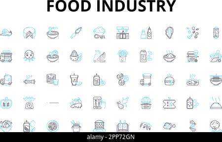 Food industry linear icons set. Agriculture, Farming, Fishing, Livestock, Harvest, Cuisine, Restaurant vector symbols and line concept signs Stock Vector