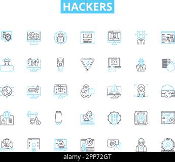 Hackers linear icons set. Cybercriminals, Intruders, Crackers, Hacktivists, Black hats, White hats, Rogue line vector and concept signs. Spies Stock Vector