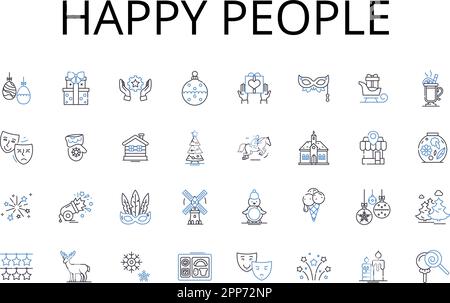 Happy people line icons collection. Joyful individuals, Contented beings, Blissful souls, Pleased personalities, Gratified folks, Elated humans Stock Vector