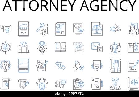 Attorney agency line icons collection. Counsel firm, Advocate bureau, Lawyer company, Solicitor office, Legal agency, Attorney house, Barrister Stock Vector