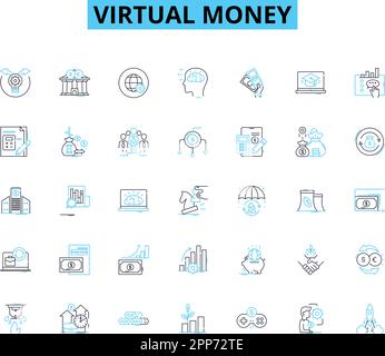 Virtual money linear icons set. Cryptocurrency, Blockchain, Bitcoin, Ethereum, Litecoin, Ripple, Token line vector and concept signs. Digital currency Stock Vector
