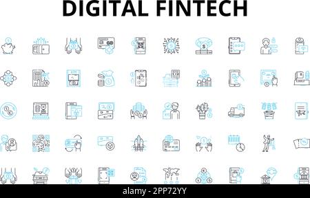 Digital fintech linear icons set. Cryptocurrency, Blockchain, Peer-to-peer, Mobile, Artificial Intelligence, Virtual, Transfers vector symbols and Stock Vector