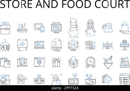 Store and food court line icons collection. tore, Shop, Boutique, Outfitter, Emporium, Market, Supermarket vector and linear illustration. Mini-mart Stock Vector