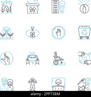 Geriatric care linear icons set. Aging, Elderly, Dementia, Alzheimer's, Palliative, Hospice, End-of-life line vector and concept signs. Independence Stock Vector