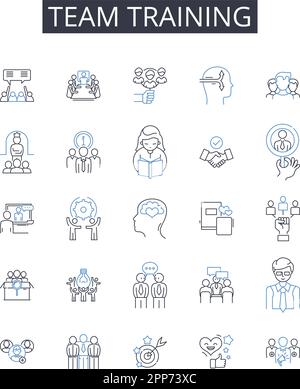 Team training line icons collection. Group instruction, Collective education, Crew development, Organization workshop, Joint coaching, Coalition Stock Vector