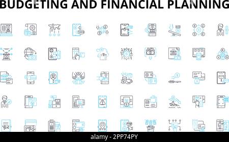 Budgeting and financial planning linear icons set. Frugality, Saving, Forecasting, Investment, Prudence, Expense, Retirement vector symbols and line Stock Vector