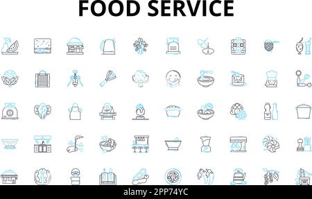 Food service linear icons set. Catering, Delivery, Restaurant, Takeout, Buffet, Kitchen, Chef vector symbols and line concept signs. Hospitality Stock Vector