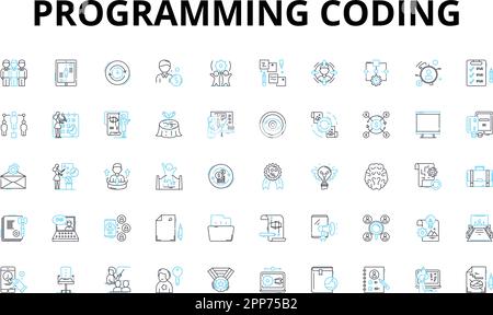 Programming coding linear icons set. Syntax, Algorithms, Debugging, Variables, Loops, Functions, Classes vector symbols and line concept signs Stock Vector