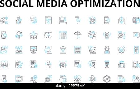Social media optimization linear icons set. Branding, Engagement, Sharing, Visibility, Content, Analytics, Hashtags vector symbols and line concept Stock Vector