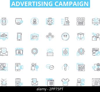 Advertising campaign linear icons set. Creativity, Strategy, Targeting, Message, Branding, Awareness, Engagement line vector and concept signs Stock Vector