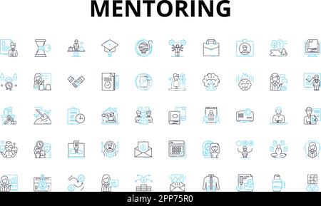 Mentoring linear icons set. Learning, Guidance, Coaching, Support, Advise, Experience, Sharing vector symbols and line concept signs. Leadership Stock Vector