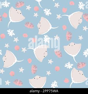 Vector seamless pattern with devilfish, starfish, algae.Underwater cartoon creatures.Marine background.Cute ocean pattern for fabric, childrens Stock Vector