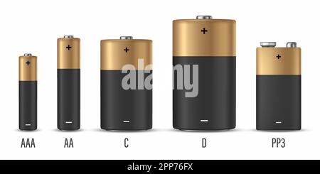 Vector 3d Realistic Black and Yellow Alkaline Battery Icon Set Closeup Isolated on White Background. Diffrent Size - AAA, AA, C, D, PP3. Design Stock Vector
