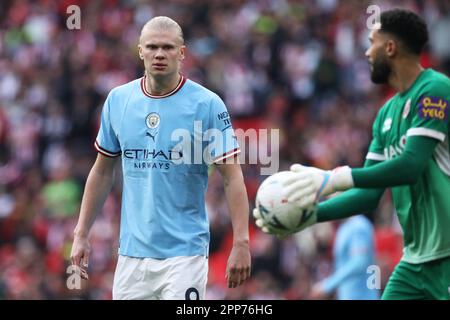 London, UK. 22nd Apr, 2023. Erling Haaland of Manchester City during the The FA Cup Semi Final match between Manchester City and Sheffield Utd at Wembley Stadium, London, England on 22 April 2023. Photo by Joshua Smith. Editorial use only, license required for commercial use. No use in betting, games or a single club/league/player publications. Credit: UK Sports Pics Ltd/Alamy Live News Stock Photo
