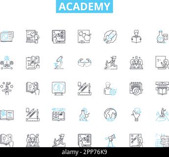 Academy linear icons set. Education, Learning, Schooling, Institution, Classroom, Instruction, Curriculum line vector and concept signs. Training Stock Vector