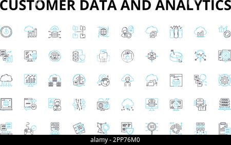 Customer data and analytics linear icons set. Segmentation, Personalization, Profiling, Insights, Targeting, Metrics, Optimization vector symbols and Stock Vector
