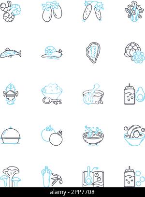 Lunch linear icons set. Sandwich, Soup, Salad, Wrap, Sushi, Burrito, Pizza line vector and concept signs. Tacos,Pasta,Rice outline illustrations Stock Vector