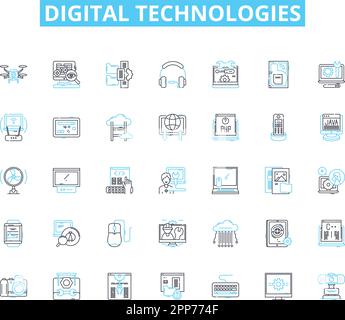 Digital technologies linear icons set. Innovation, Automation, Interactivity, Connectivity, Integration, Optimization, Virtuality line vector and Stock Vector