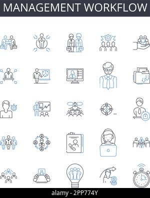 Management workflow line icons collection. Project management, Creative workflow, Business strategy, Marketing planning, Production pipeline Stock Vector